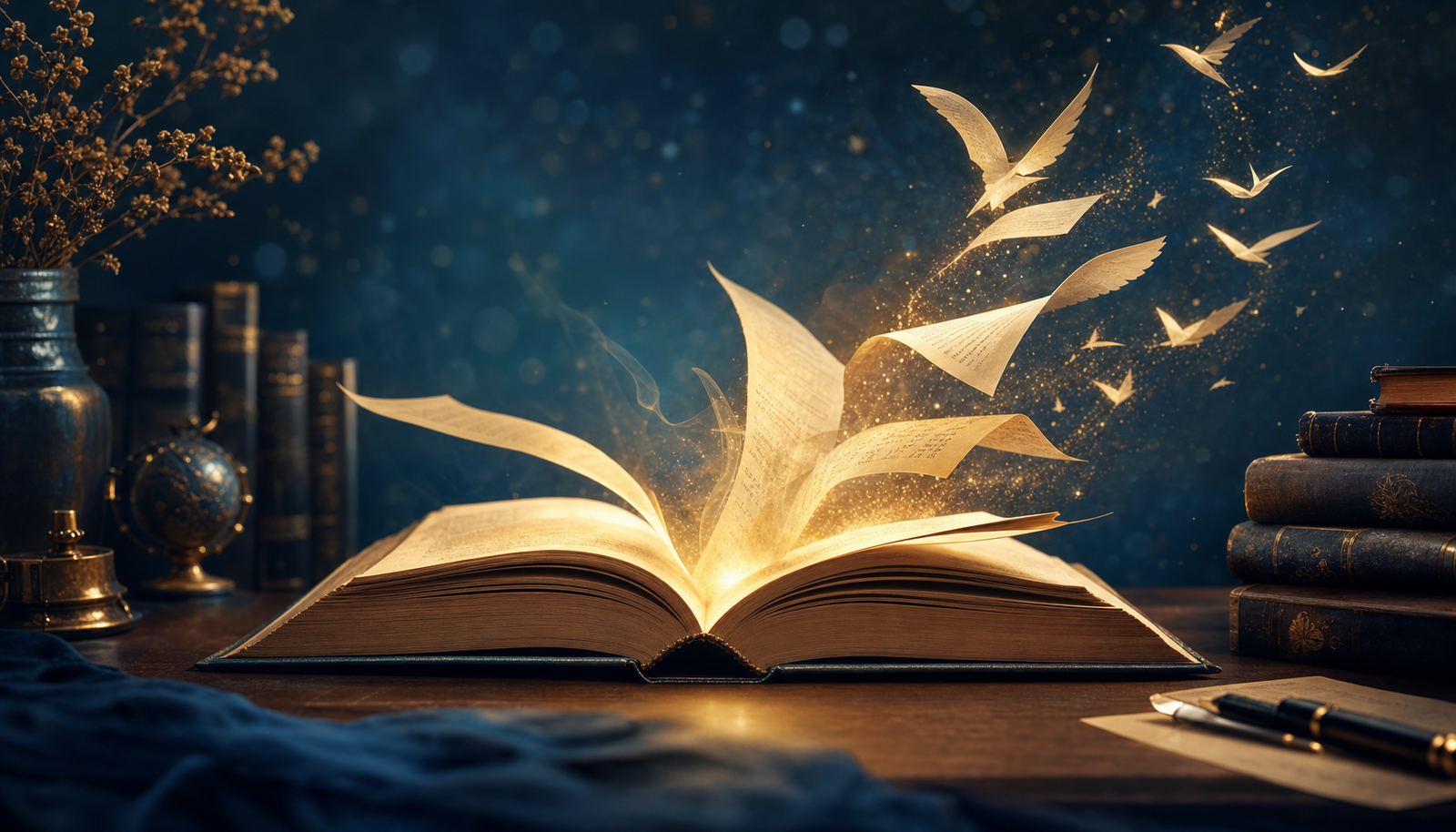 Livro aberto com páginas se transformando em pássaros